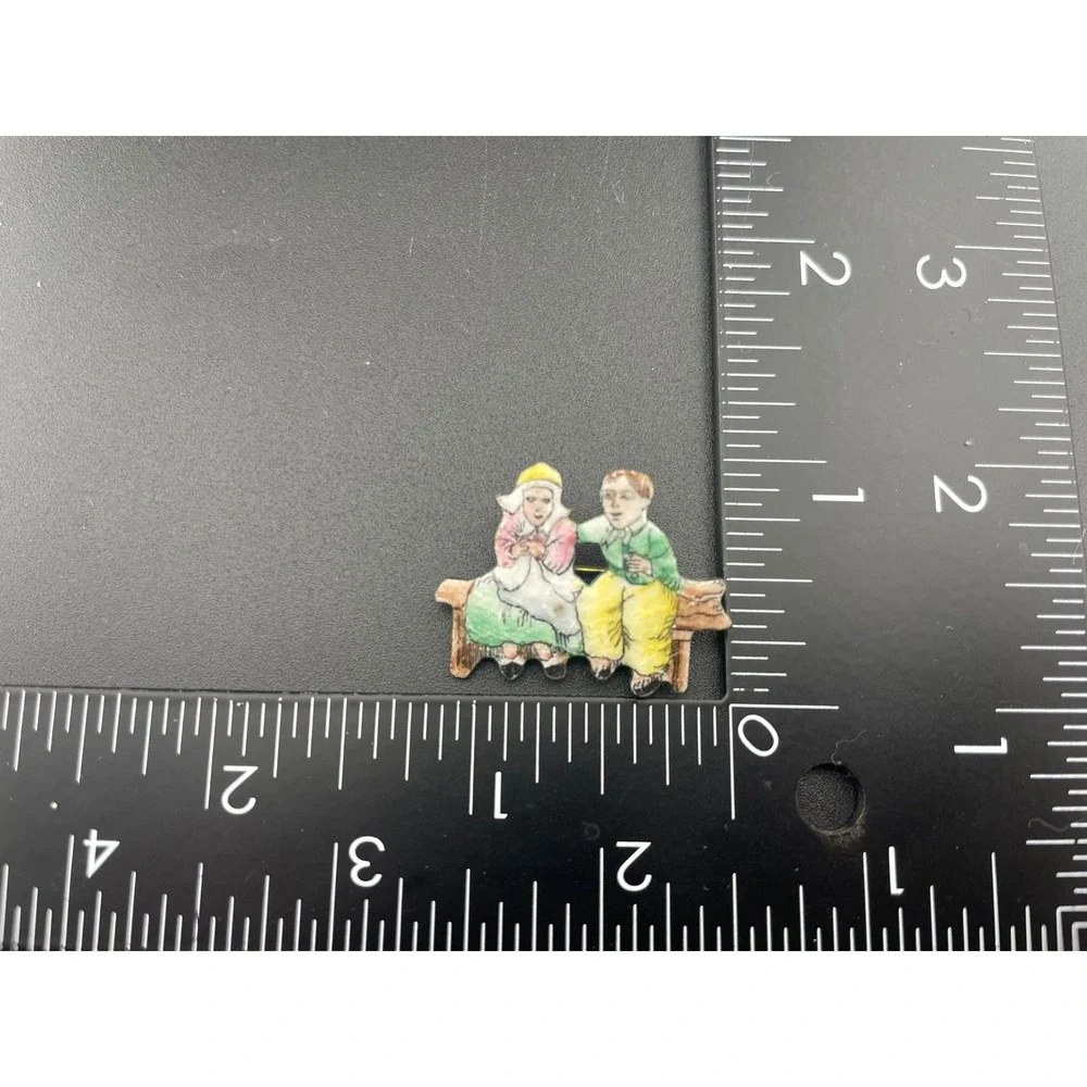 Vintage Czech Figural Brooch Couple on Bench Hand Painted Enamel Pin Vintage
